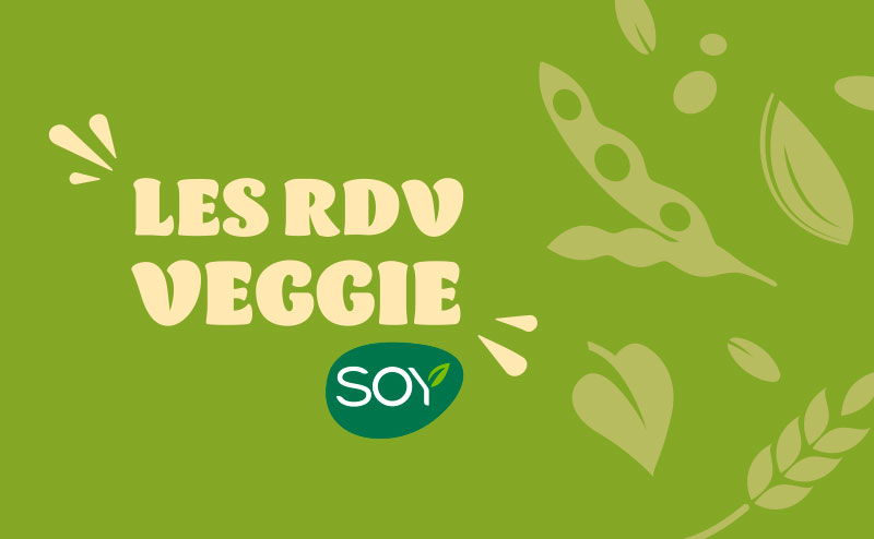 Logo Les RDV Veggie Soy sur fond vert avec motifs de feuilles.